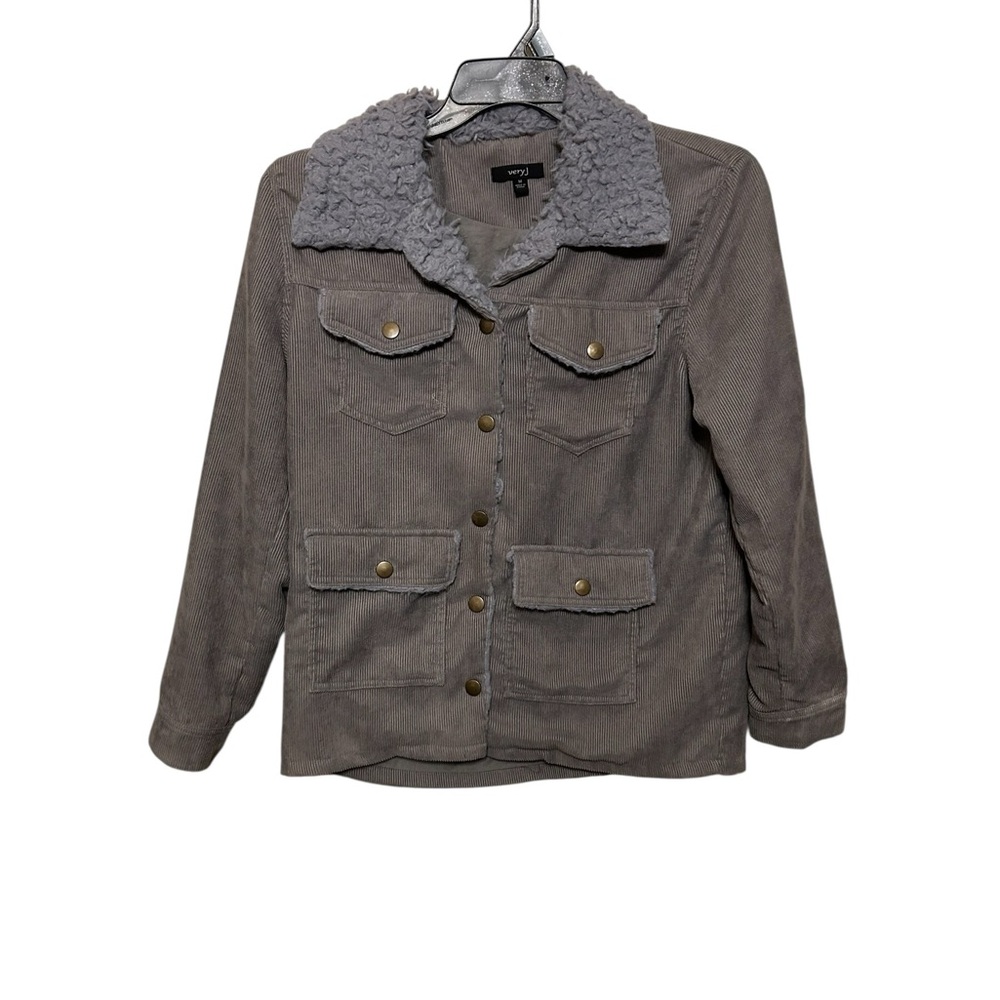 Very J Women's Gray Corduroy Jacket with Sherpa Collar size medium 20” ptp